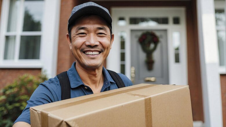 Cheerful Asian delivery man with a package, standing in front of