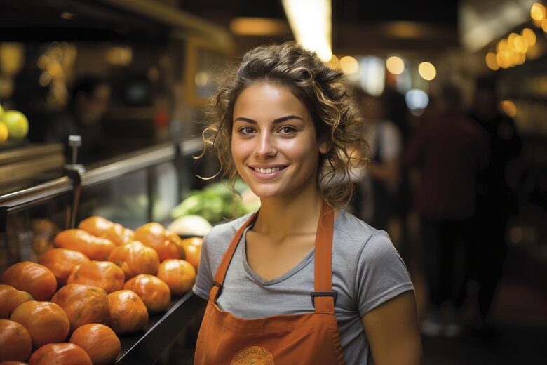 Smiling young woman in an apron standing at a market stall fille