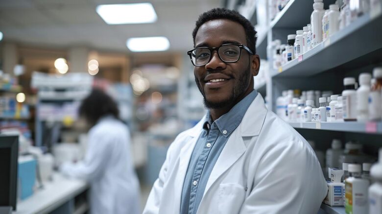 Male pharmacist is smiling at the camera with a pharmacy shelf in the background, and a colleague is slightly out of focus behind him.