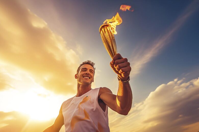 A happy smiling male athlete solemnly carries the Olympic flame