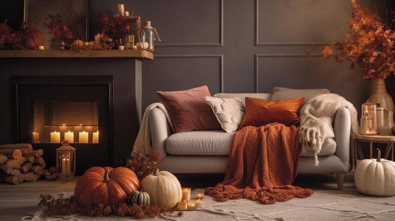 a cozy fall palette living room interior with a fireplace, sofa