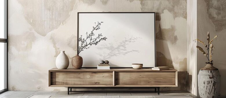 Creative arrangement of living room decor featuring a mock up po