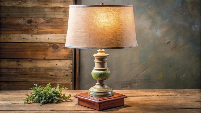 Rustic rose vintage lamp with wooden base, soft warm glow, retro