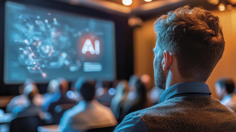 Man Watching AI Presentation in a Conference Room