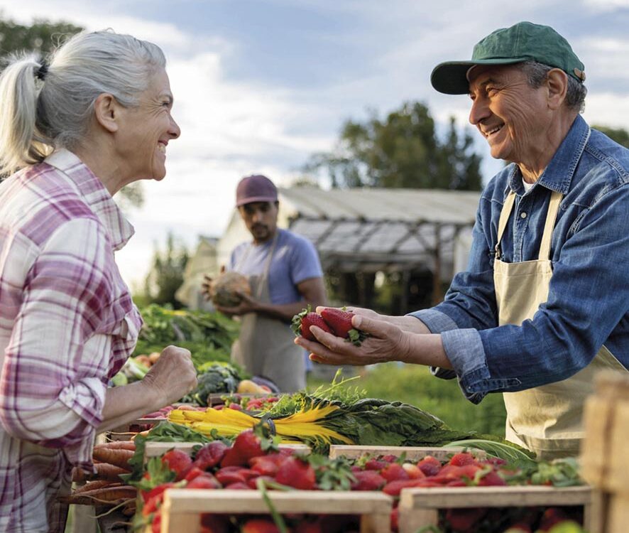 Happy farmer selling organic strawberries to a client at a Farmer's Market