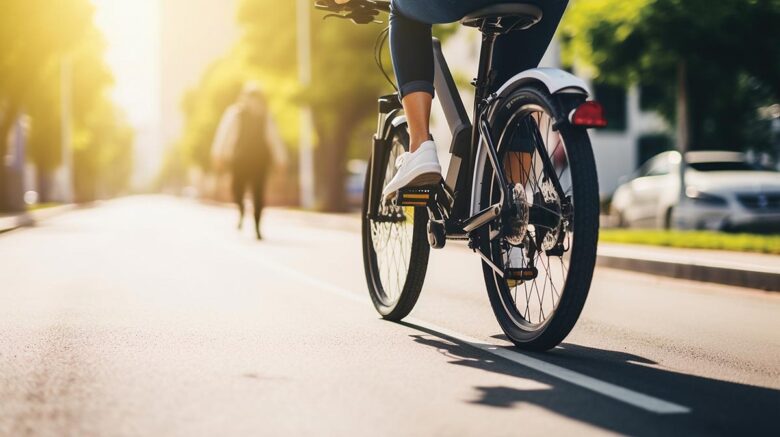 A person zipping through a dedicated bike lane on a stylish elec