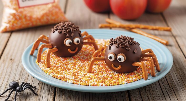 Two adorable chocolate spider treats on a pastel blue plate, nes