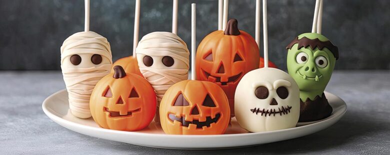 A plate of Halloween themed cake pops shaped like mummies, Frank