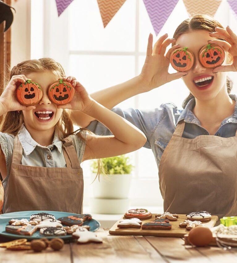 family preparing for Halloween.