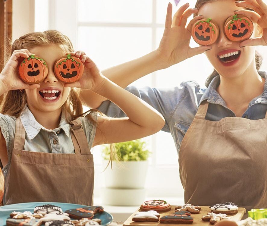 family preparing for Halloween.